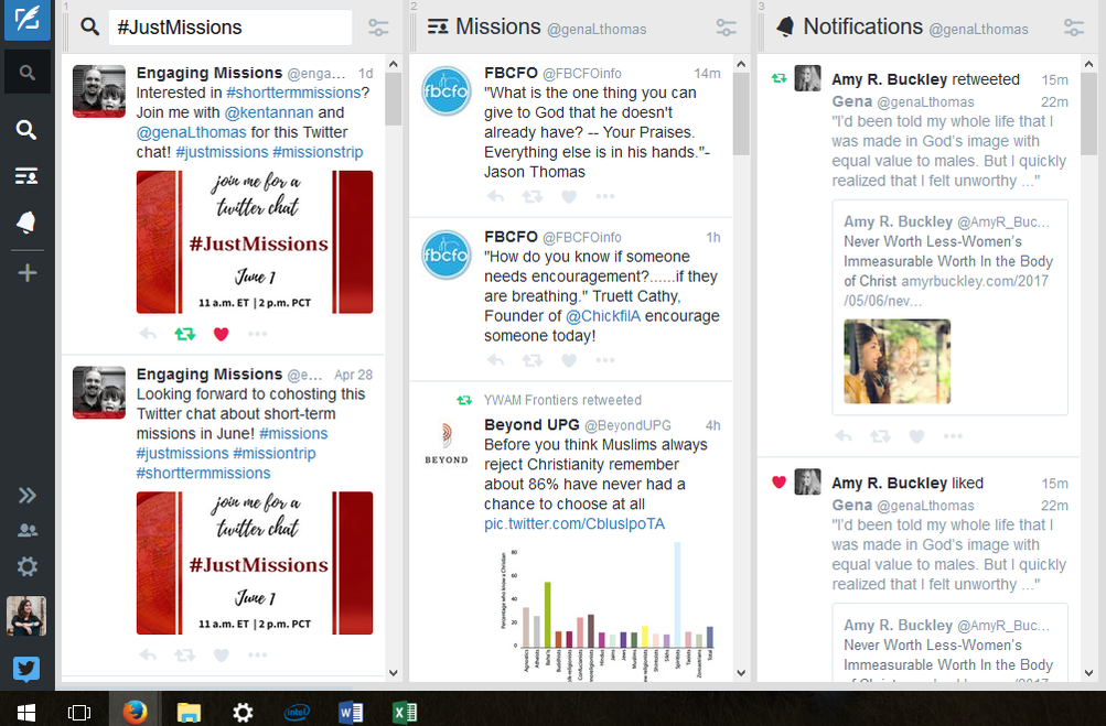Screenshot of Tweet Deck with three columns of twitter, one for hashtag search, another for a list, and another for notifications