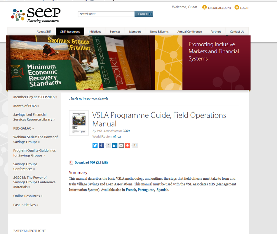 Screenshot of SEEP website page where one can find the VSLA program guide in several languages